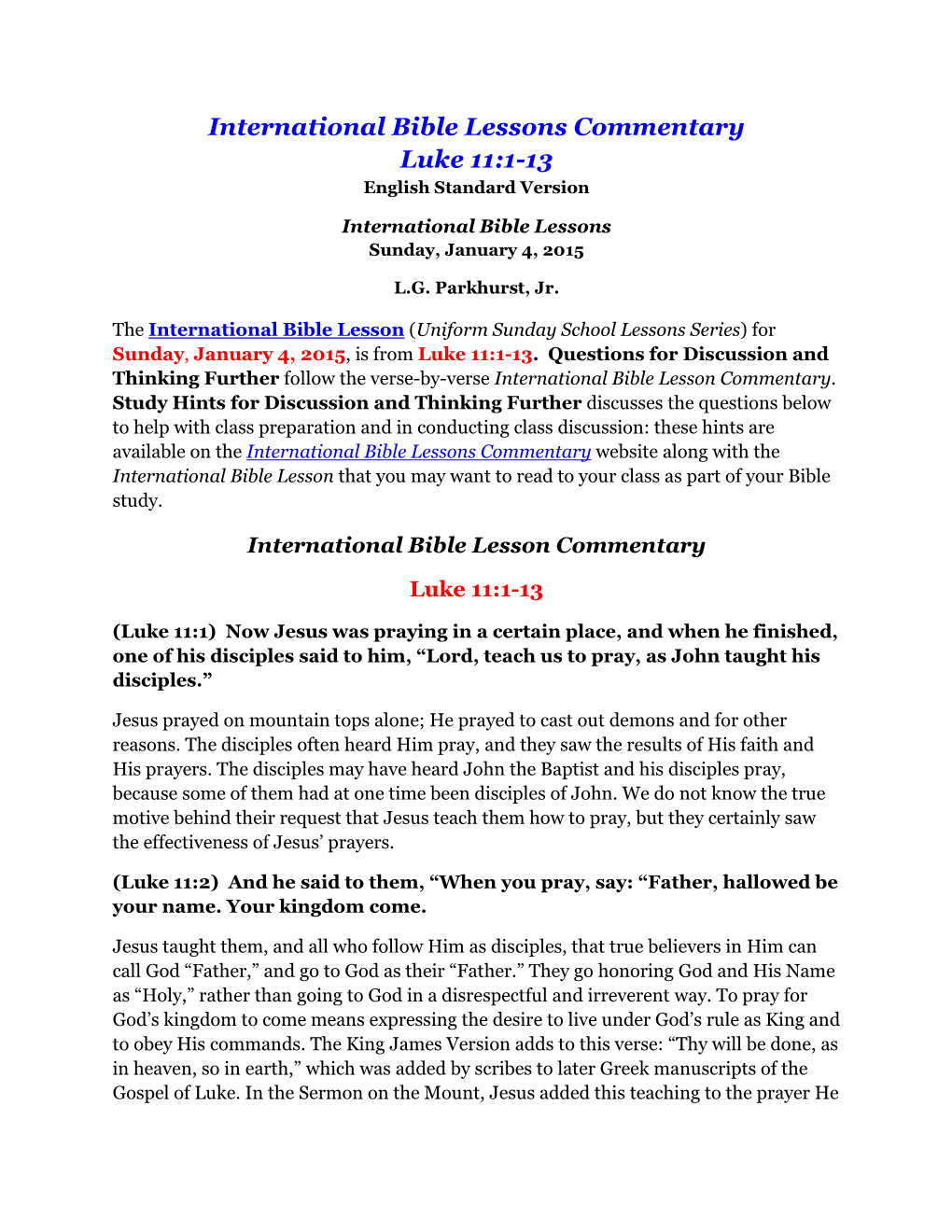 International Bible Lessons Commentary Luke 11:1-13 English Standard Version