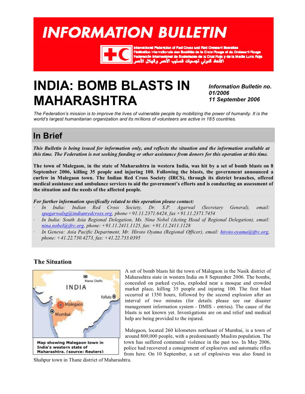 Bomb Blasts in Maharashtra; Information Bulletin No