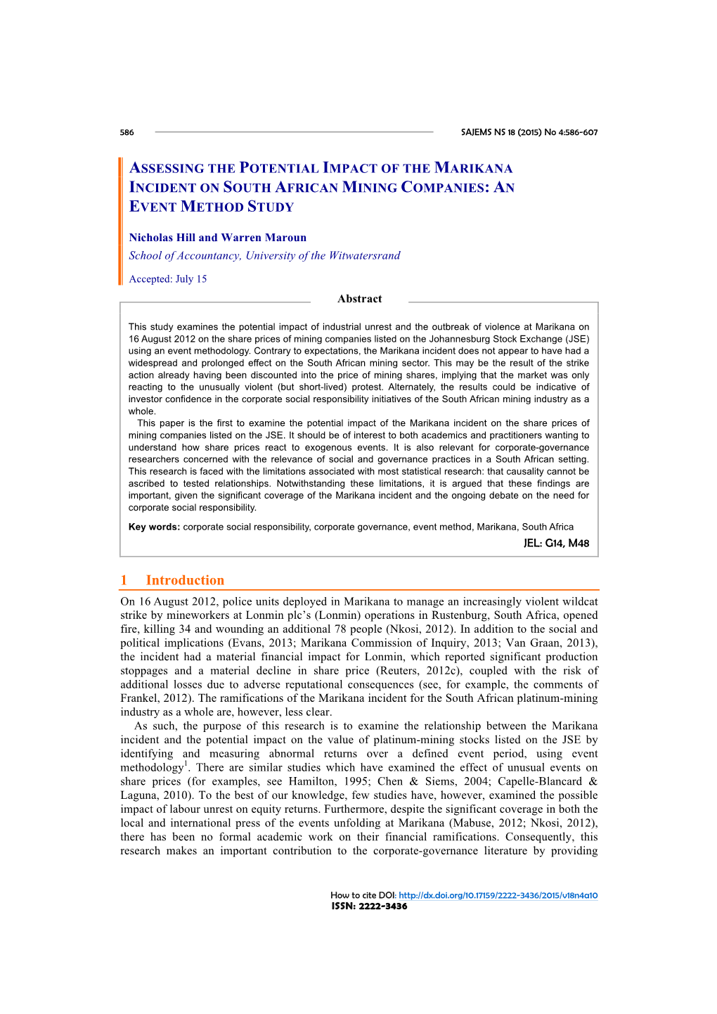 Assessing the Potential Impact of the Marikana Incident on South African Mining Companies: an Event Method Study