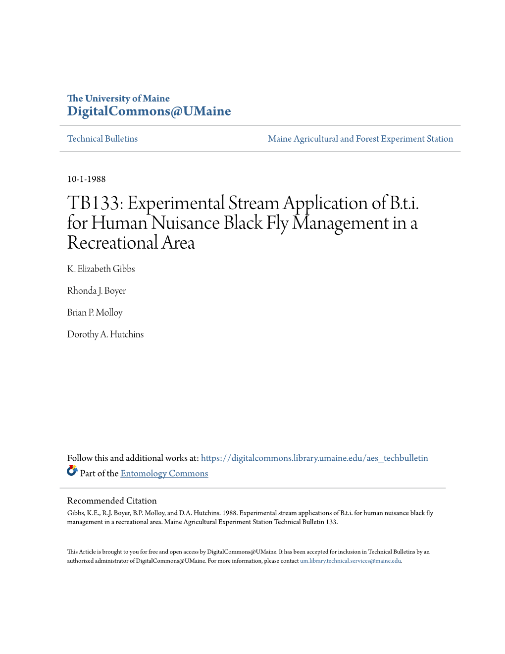 Experimental Stream Application of Bti for Human Nuisance Black Fly