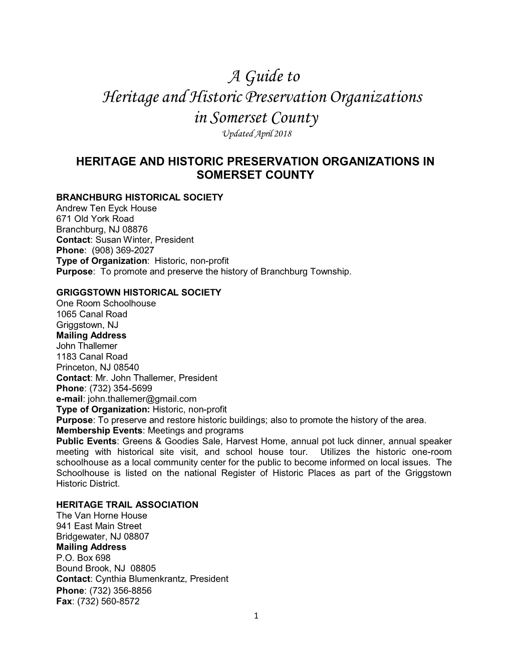 A Guide to Heritage and Historic Preservation Organizations in Somerset County Updated April 2018