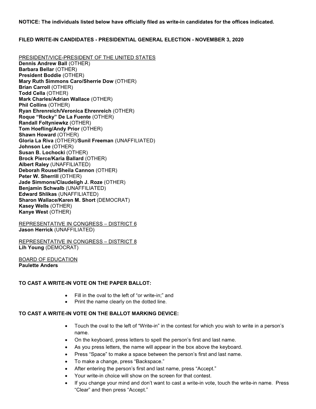 NOTICE: the Individuals Listed Below Have Officially Filed As Write-In Candidates for the Offices Indicated