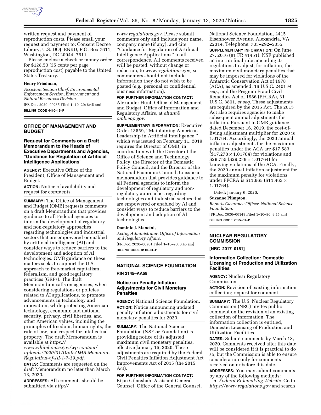 Federal Register/Vol. 85, No. 8/Monday, January 13, 2020/Notices