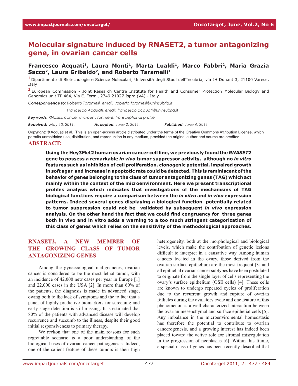 Molecular Signature Induced by RNASET2, a Tumor Antagonizing Gene, in Ovarian Cancer Cells