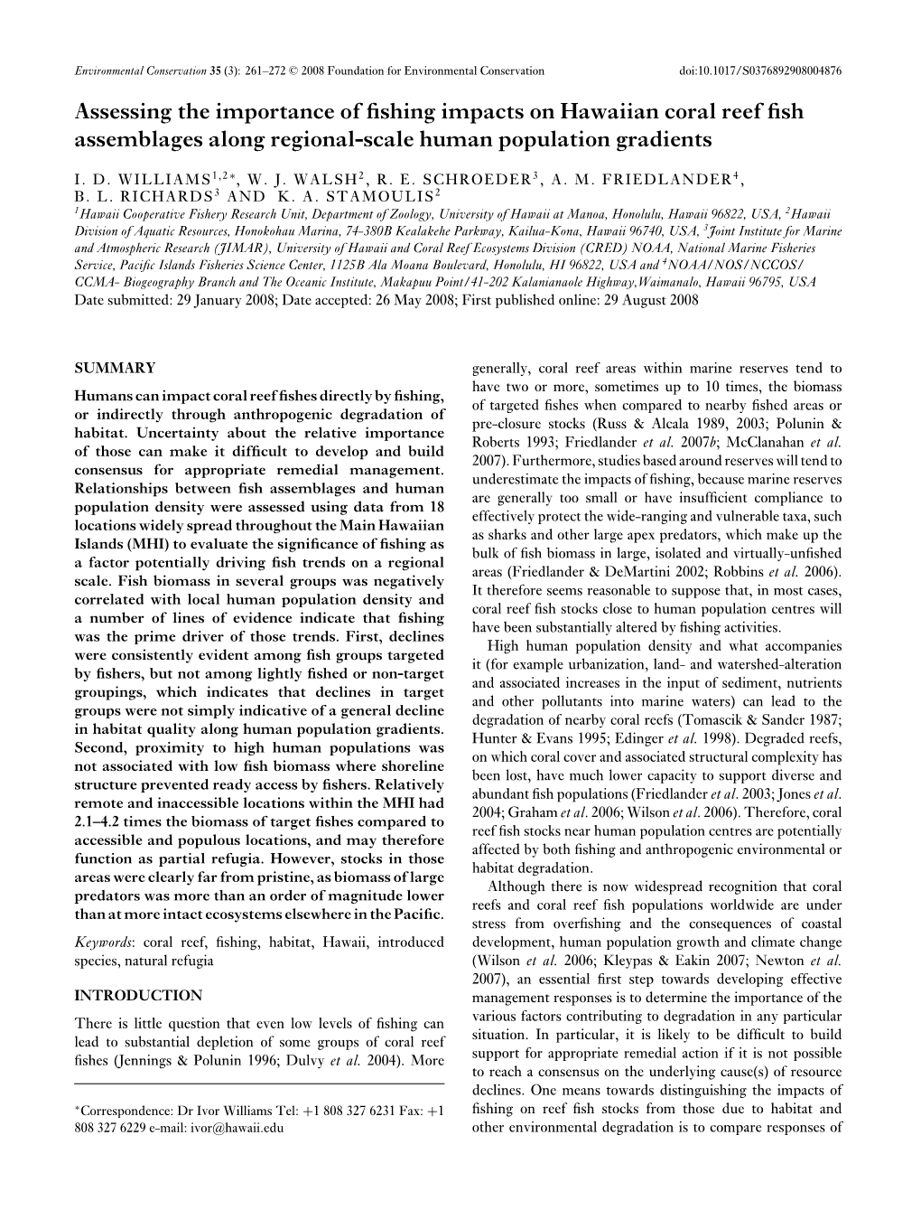 Assessing the Importance of Fishing Impacts on Hawaiian Coral Reef Fish