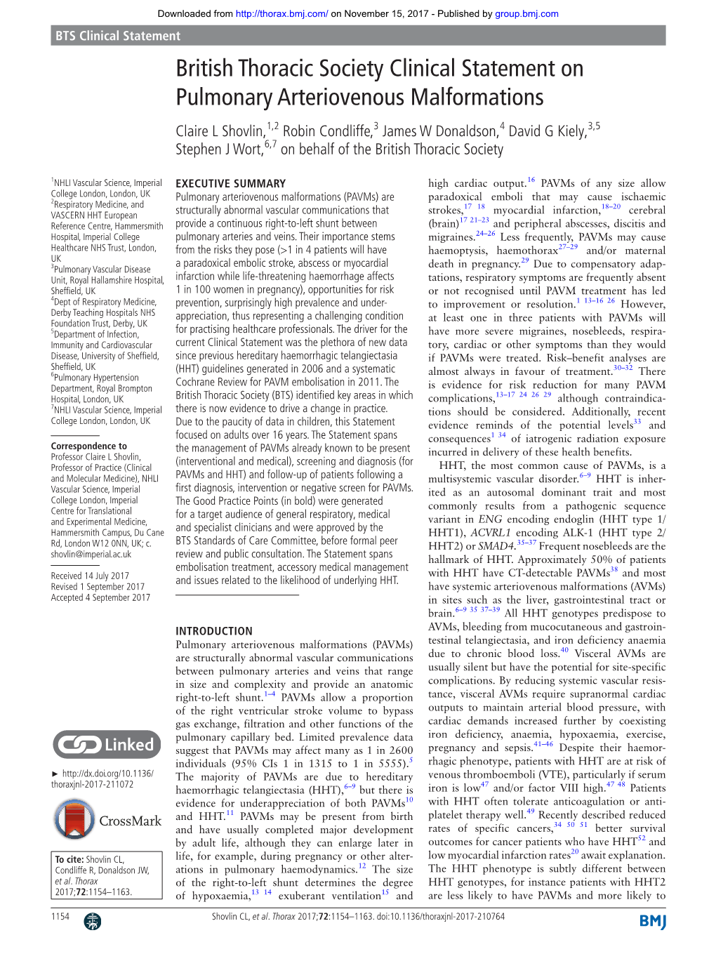 BTS Clinical Statement on Pulmonary Arteriovenous Malformations