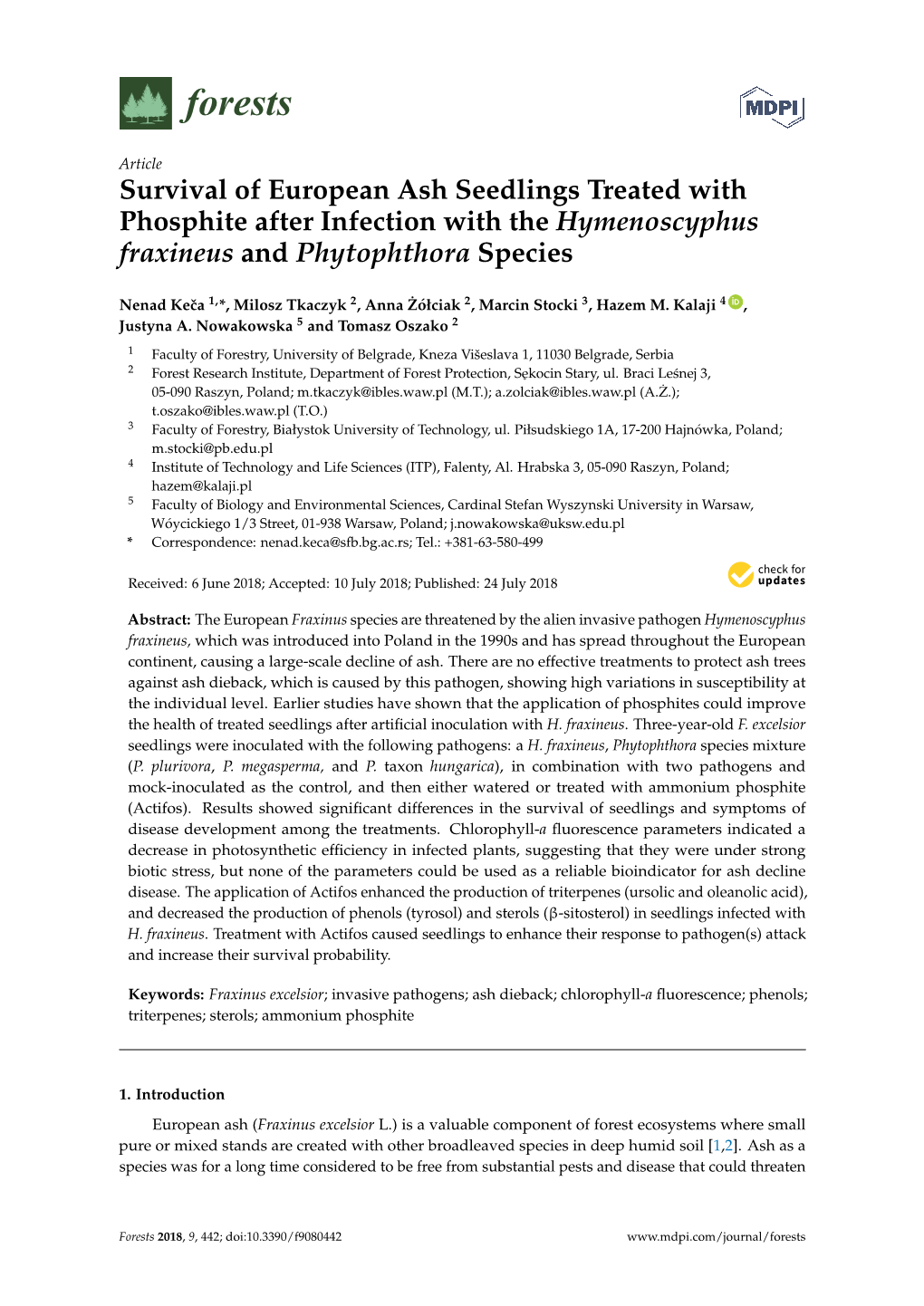 Survival of European Ash Seedlings Treated with Phosphite After Infection with the Hymenoscyphus Fraxineus and Phytophthora Species