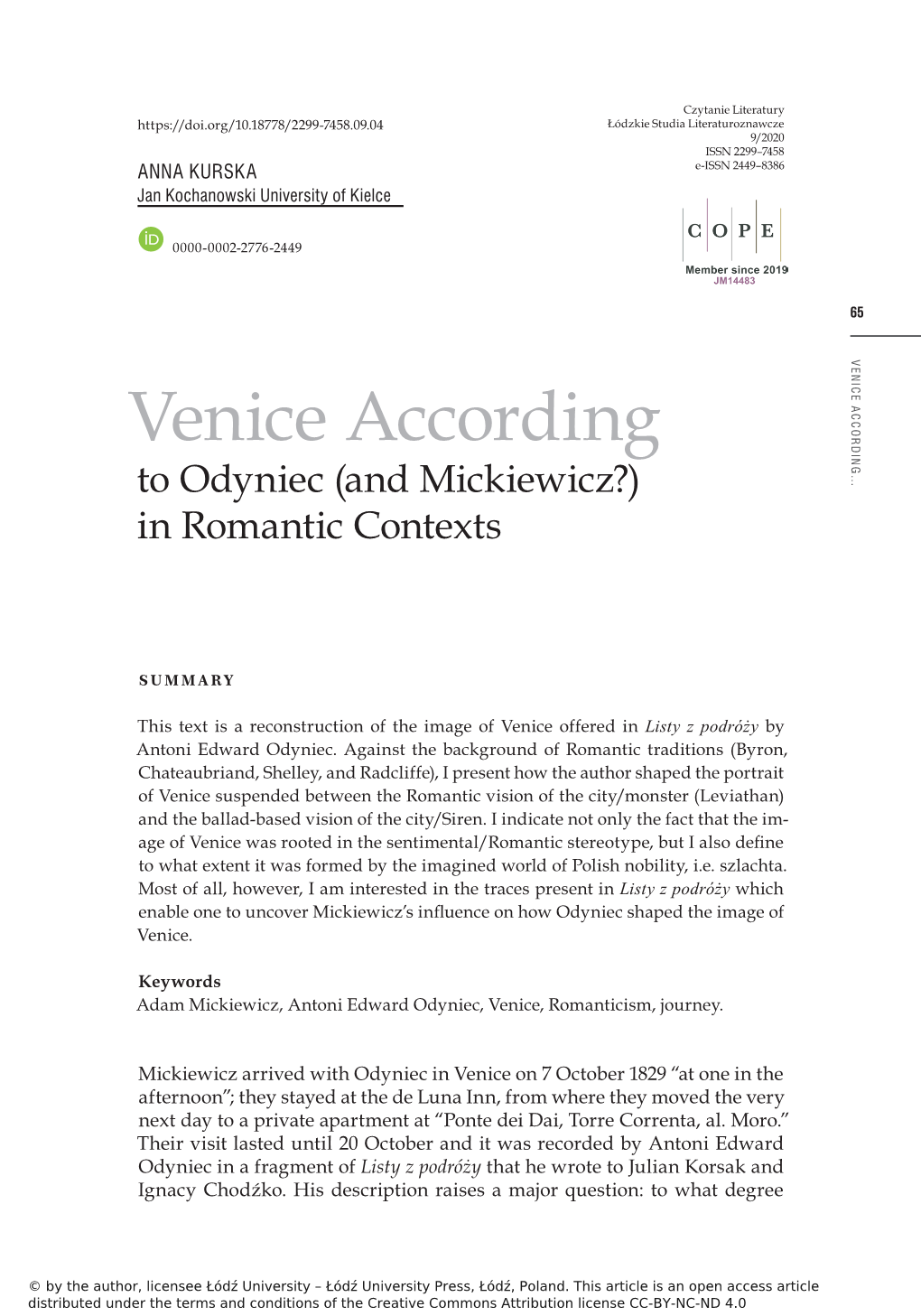 Venice According… Venice According to Odyniec (And Mickiewicz?) in Romantic Contexts