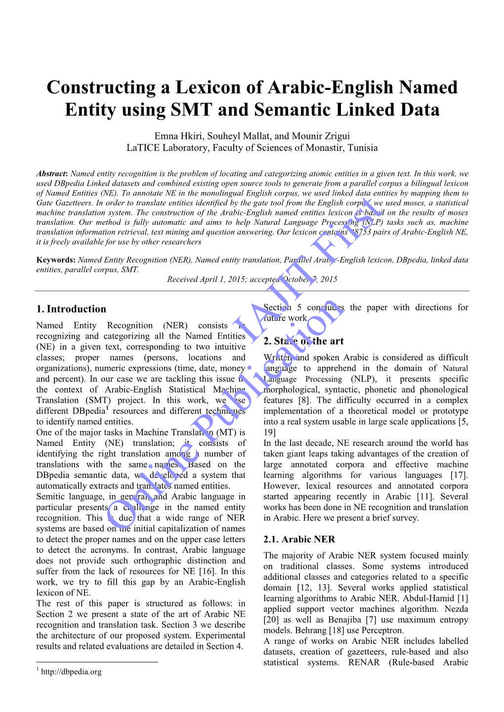 Constructing a Lexicon of Arabic-English Named Entity Using SMT and Semantic Linked Data