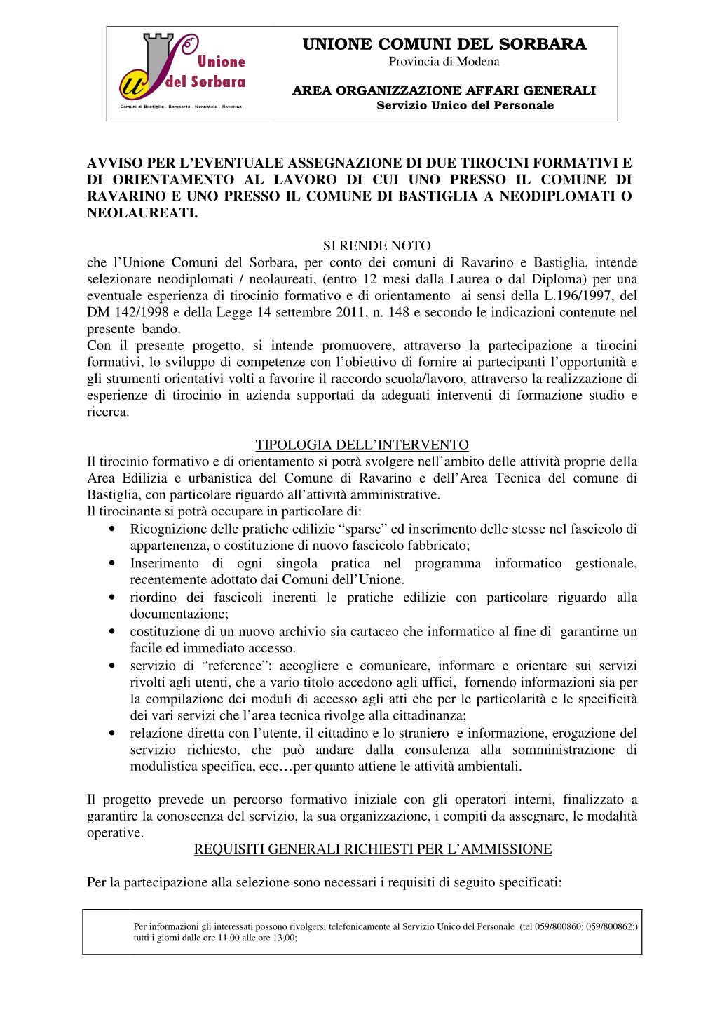 UNIONE COMUNI DEL SORBARA Provincia Di Modena