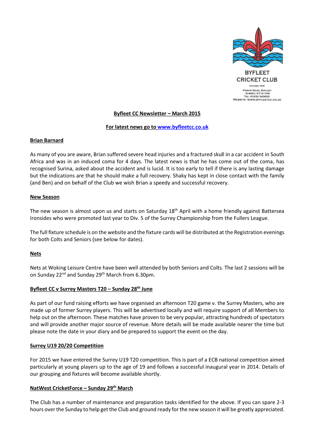 Byfleet CC Newsletter – March 2015 for Latest News Go To