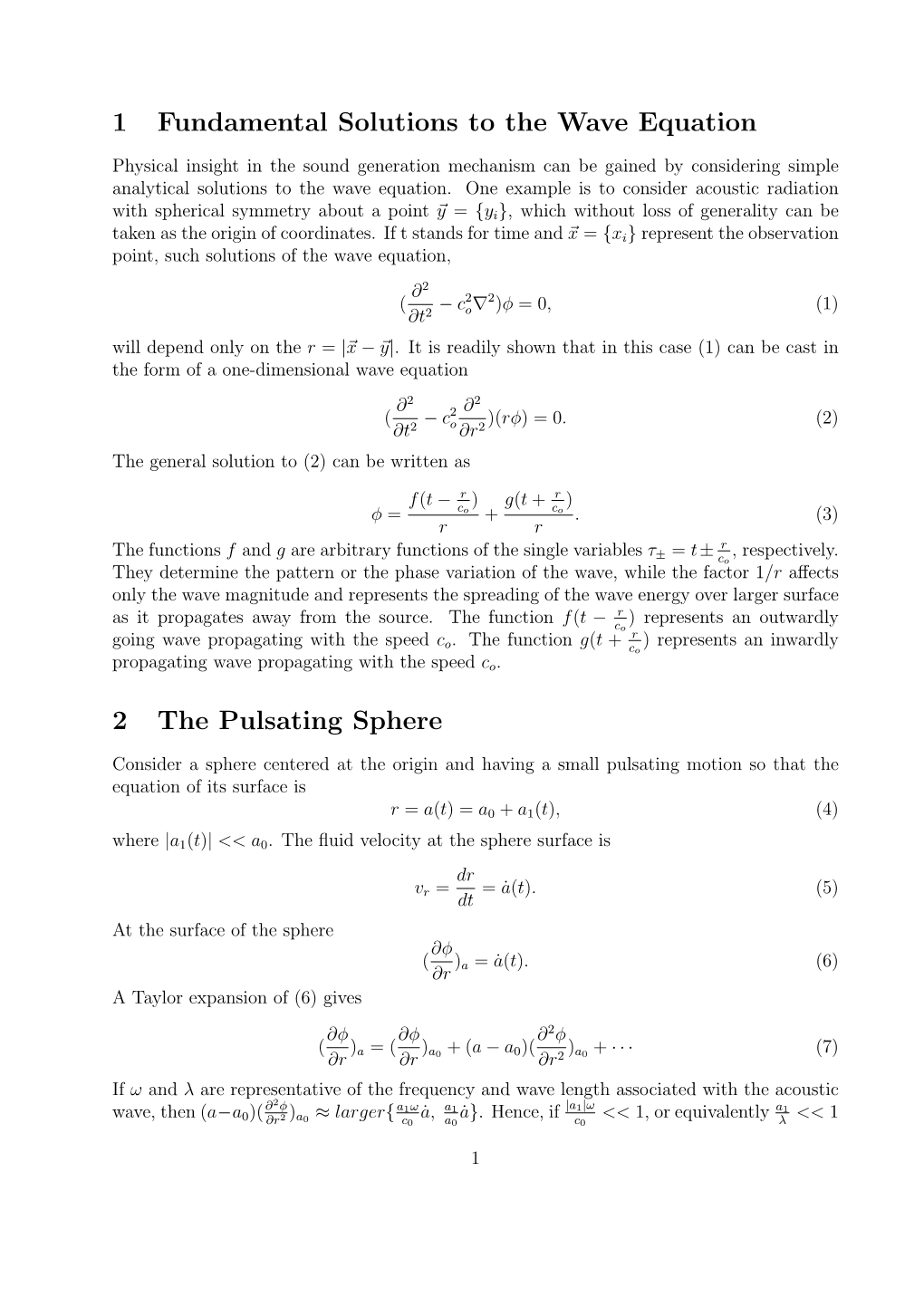 1 Fundamental Solutions to the Wave Equation 2 the Pulsating Sphere