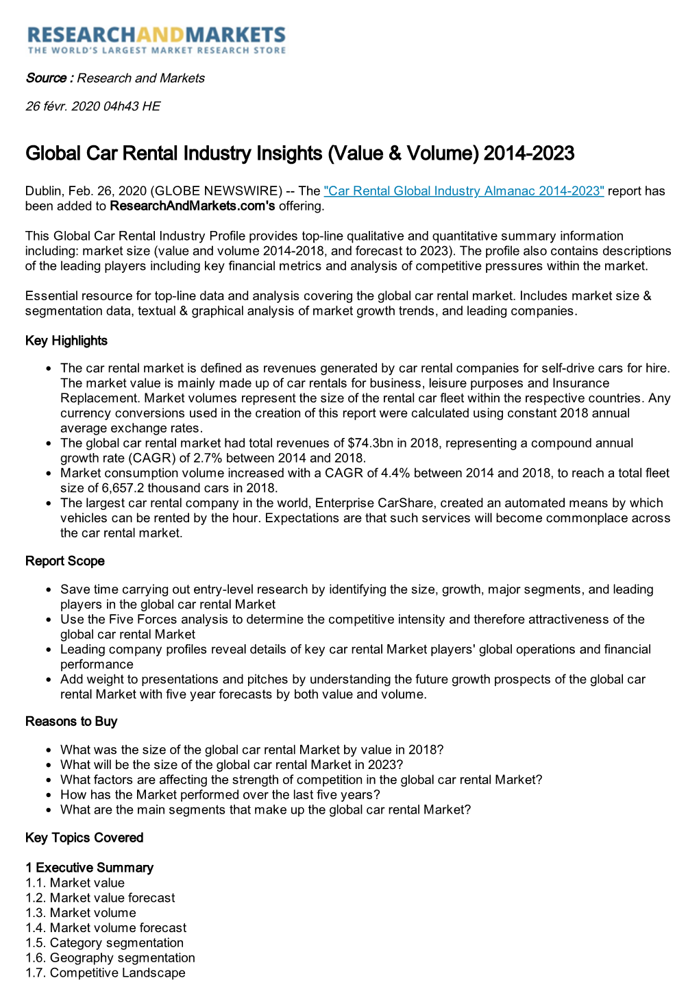 Global Car Rental Industry Insights (Value & Volume) 2014-2023