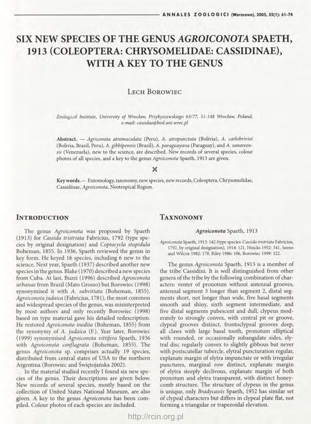 Six New Species of the Genus Agroiconota Spaeth, 1913 (Coleoptera: Chrysomelidae: Cassidinae), with a Key to the Genus