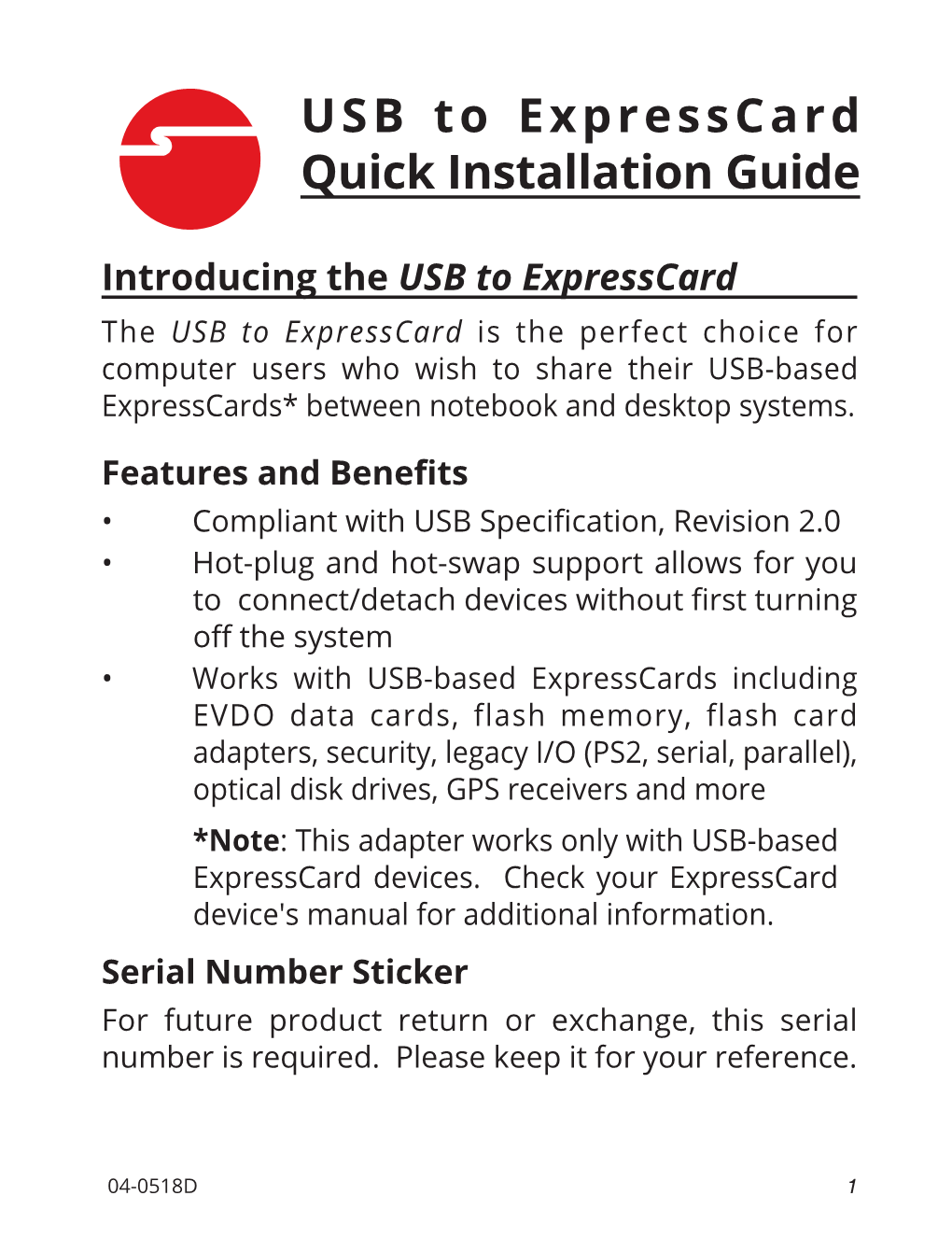 USB to Expresscard Quick Installation Guide