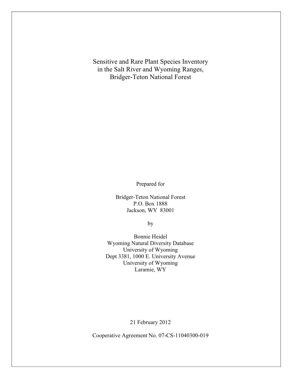 Sensitive and Rare Plant Species Inventory in the Salt River and Wyoming Ranges, Bridger-Teton National Forest