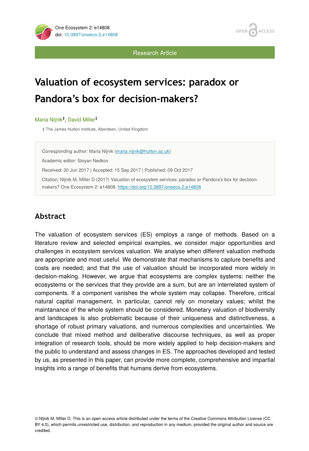 Valuation of Ecosystem Services: Paradox Or Pandora’S Box for Decision-Makers?