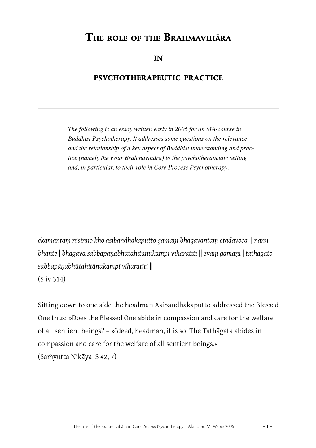 The Role of the Brahmavihāra in Psychotherapeutic Practice