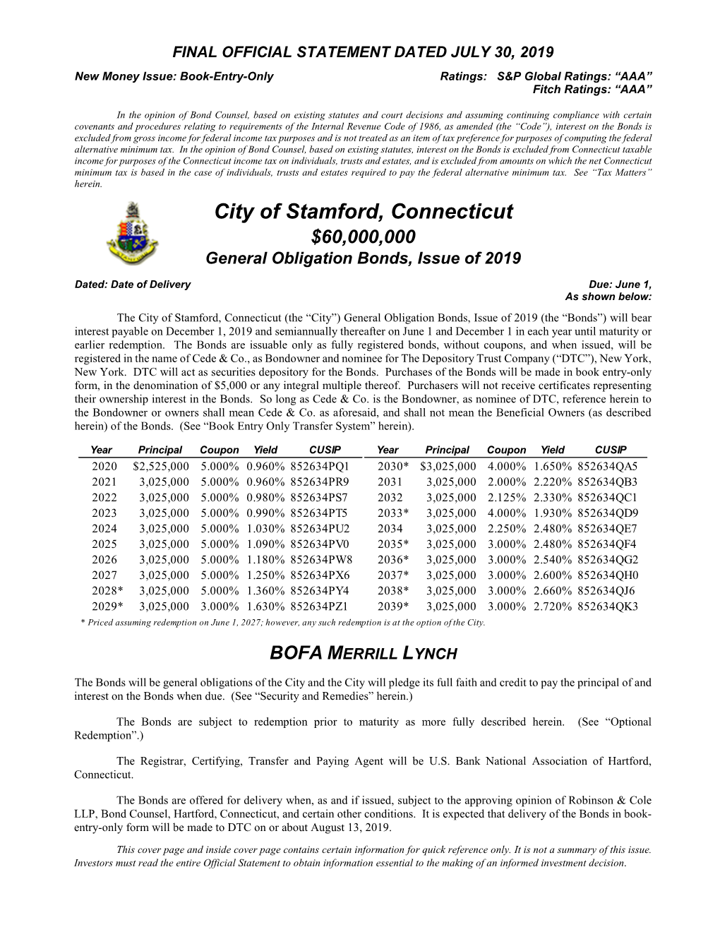 City of Stamford, Connecticut $60,000,000 General Obligation Bonds, Issue of 2019