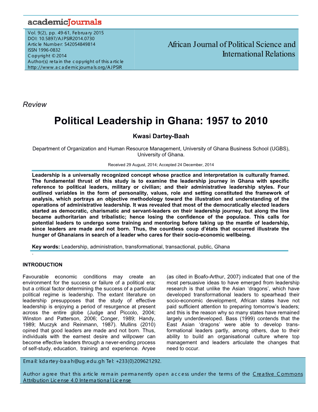 Political Leadership in Ghana: 1957 to 2010
