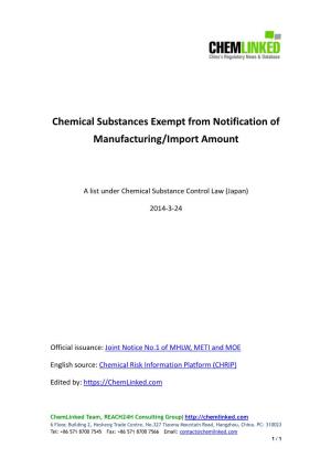 Chemical Substances Exempt from Notification of Manufacturing/Import Amount