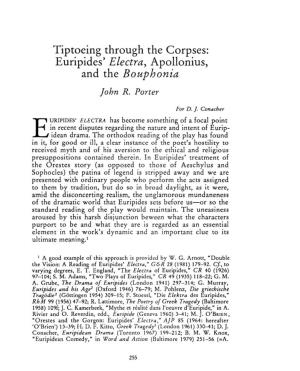 Tiptoeing Through the Corpses: Euripides' Electra, Apollonius, and the Bouphonia John R
