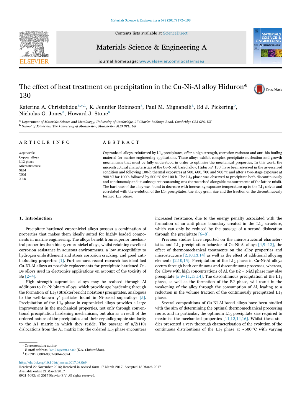 The Effect of Heat Treatment on Precipitation in the Cu-Ni-Al Alloy Hiduron®