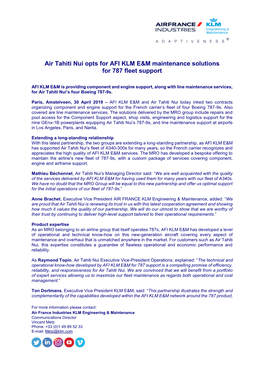 Air Tahiti Nui Opts for AFI KLM E&M Maintenance Solutions for 787 Fleet
