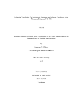 Reframing Yuan Shikai: the Institutional, Rhetorical, and Religious Foundations of the Monarchical Attempt, 1915-1916