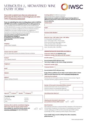 Vermouth & Aromatised WINE ENTRY FORM