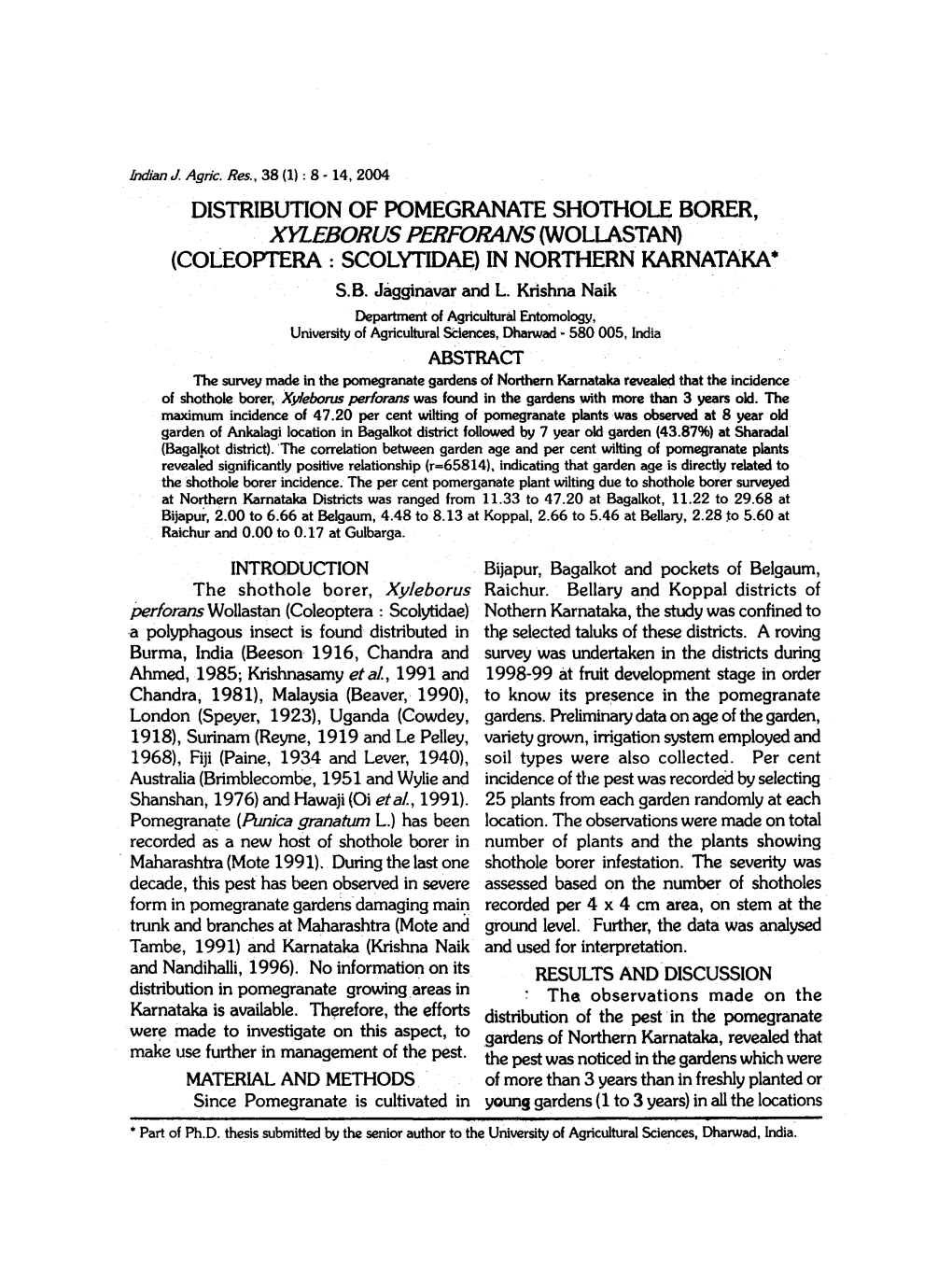 Distribution Of Pomegranate Shothole Borer, Xyleborus Perforans ...