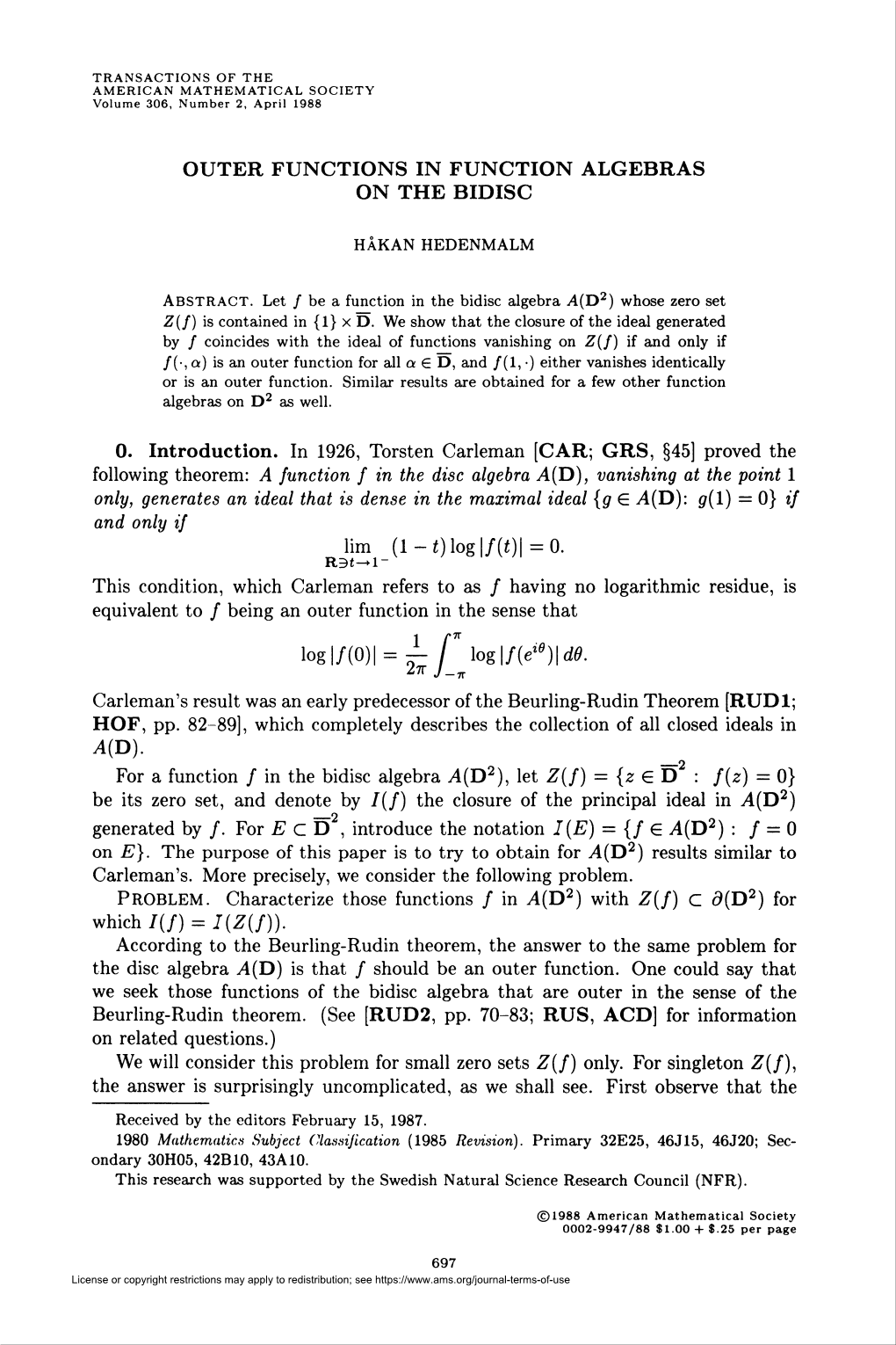 D6. 27Ri-7T Carleman's Result Was an Early Predecessor of the Beurling-Rudin Theorem [RUDI; HOF, Pp