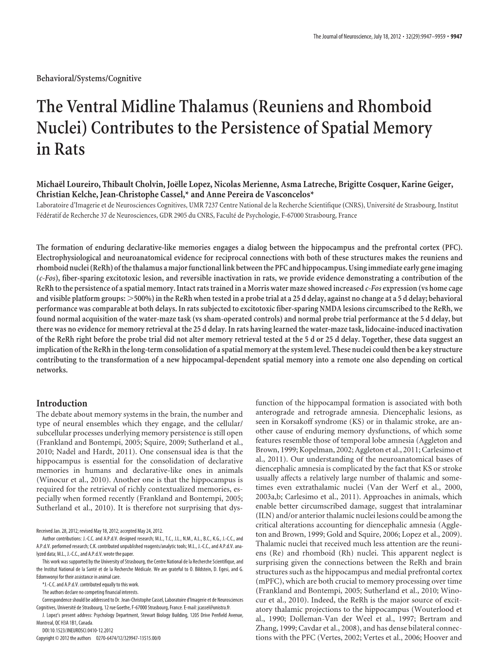 The Ventral Midline Thalamus (Reuniens and Rhomboid Nuclei) Contributes to the Persistence of Spatial Memory in Rats