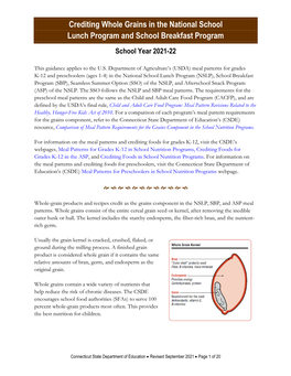 Crediting Whole Grains in the NSLP and SBP