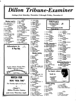Dillon Tribune-Examiner Listings from Saturday, November 2 Through Friday, November 8