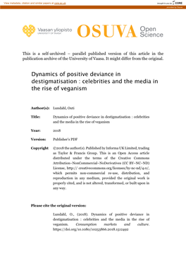 Dynamics of Positive Deviance in Destigmatisation : Celebrities and the Media in the Rise of Veganism