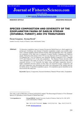 Species Composition and Diversity of the Zooplankton Fauna of Darlik Stream (Istanbul-Turkey) and Its Tributaries