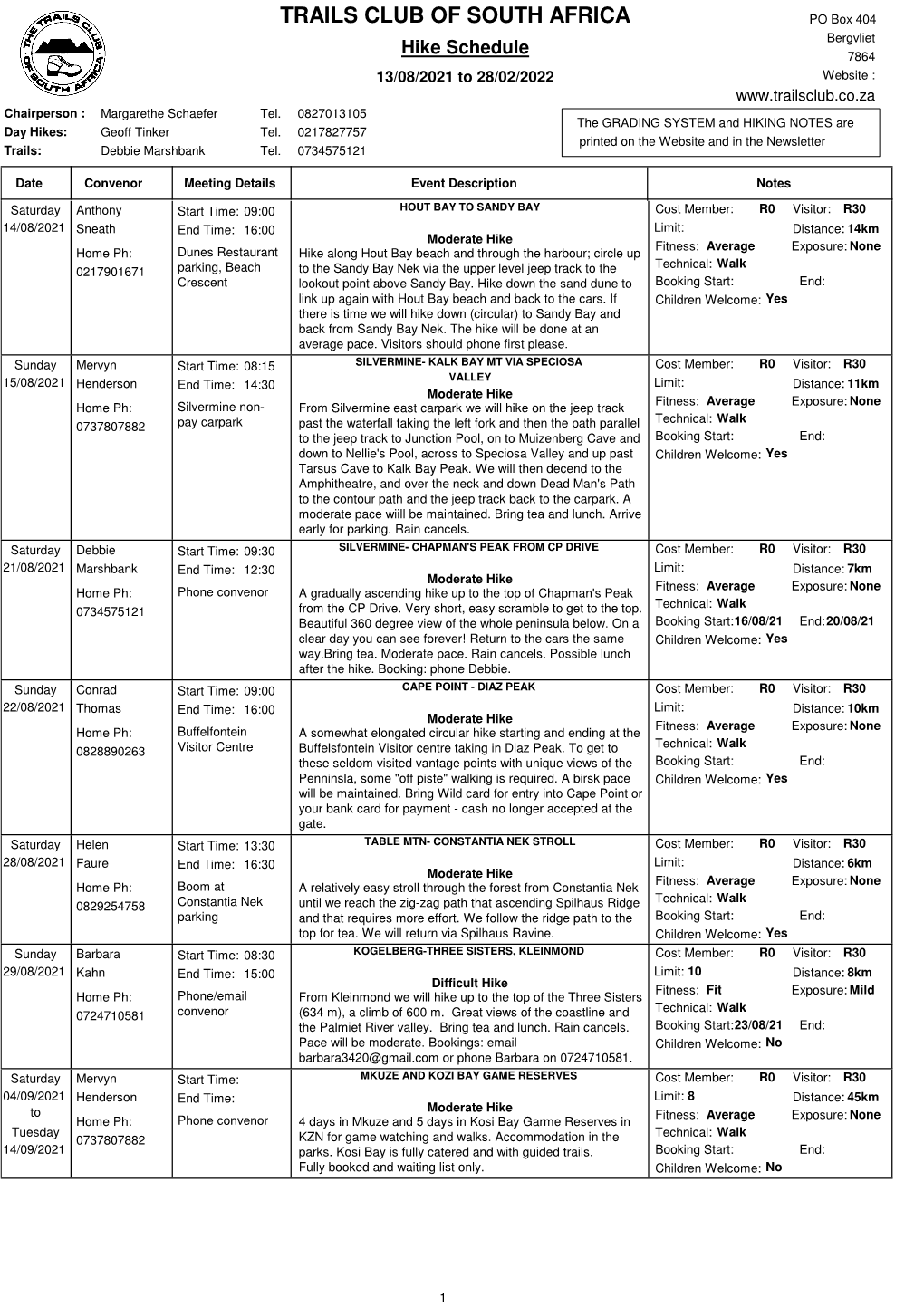 Download Hiking Schedule (PDF)