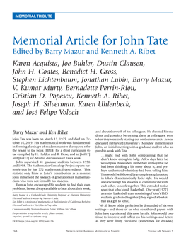 Memorial Article for John Tate Edited by Barry Mazur and Kenneth A