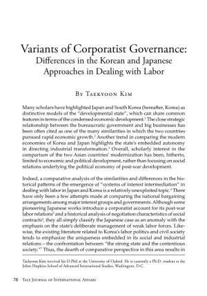 Variants of Corporatist Governance: Differences in the Korean and Japanese Approaches in Dealing with Labor