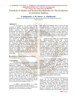 Potentials of Alkaleri and Kankarakaoliniteclay for the Production of Aluminum Sulphate