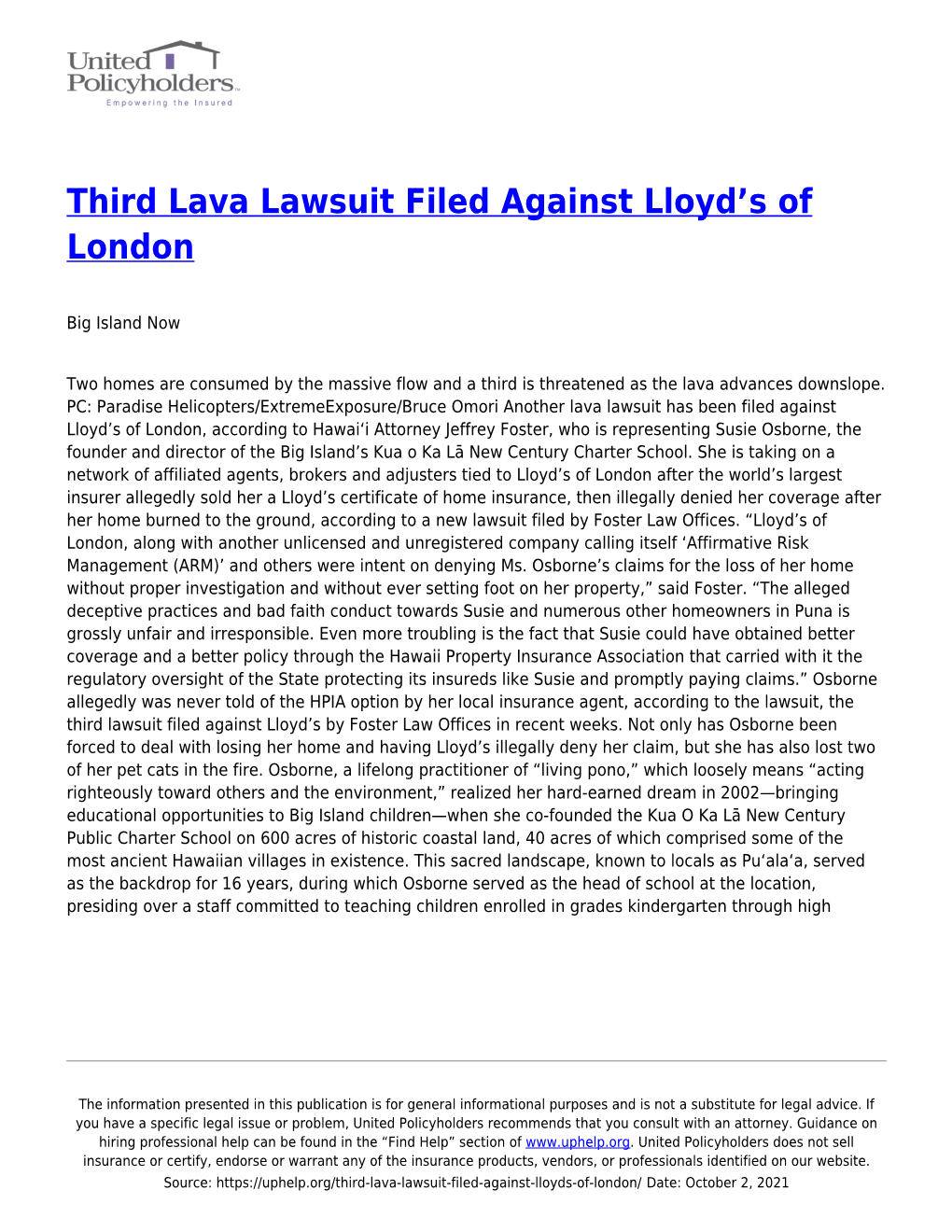 Third Lava Lawsuit Filed Against Lloyd's of London