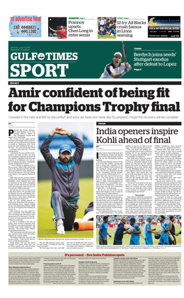 Amir Confident of Being Fit for Champions Trophy Final