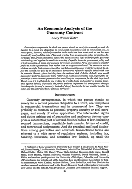 An Economic Analysis of the Guaranty Contract Avery Wiener Katzt