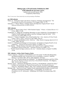 Bibliography of Woolf Studies Published in 2003 (With Addenda for Previous Years). Updated and Corrected January 2004