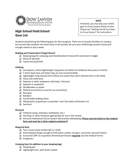 High School Field School Gear List