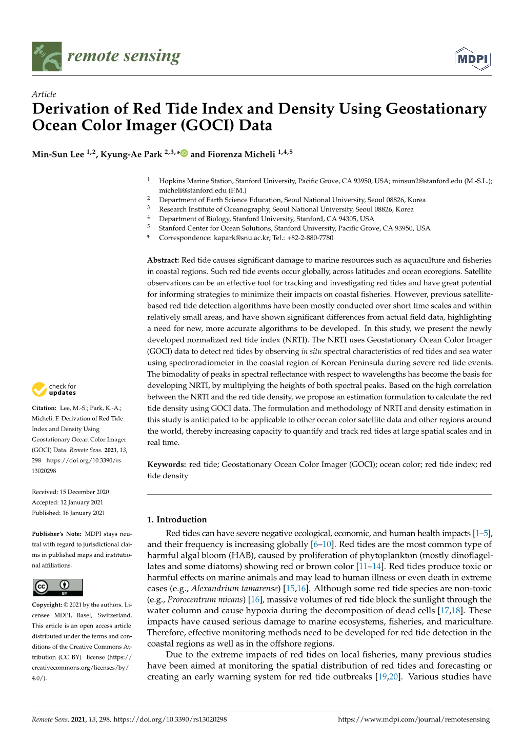 Derivation of Red Tide Index and Density Using Geostationary Ocean Color Imager (GOCI) Data