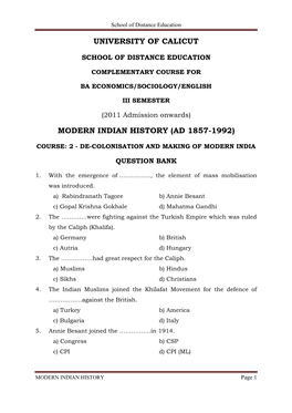 Modern Indian History (Ad 1857-1992)