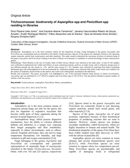 Original Article Trichocomaceae: Biodiversity of Aspergillus Spp and Penicillium Spp Residing in Libraries