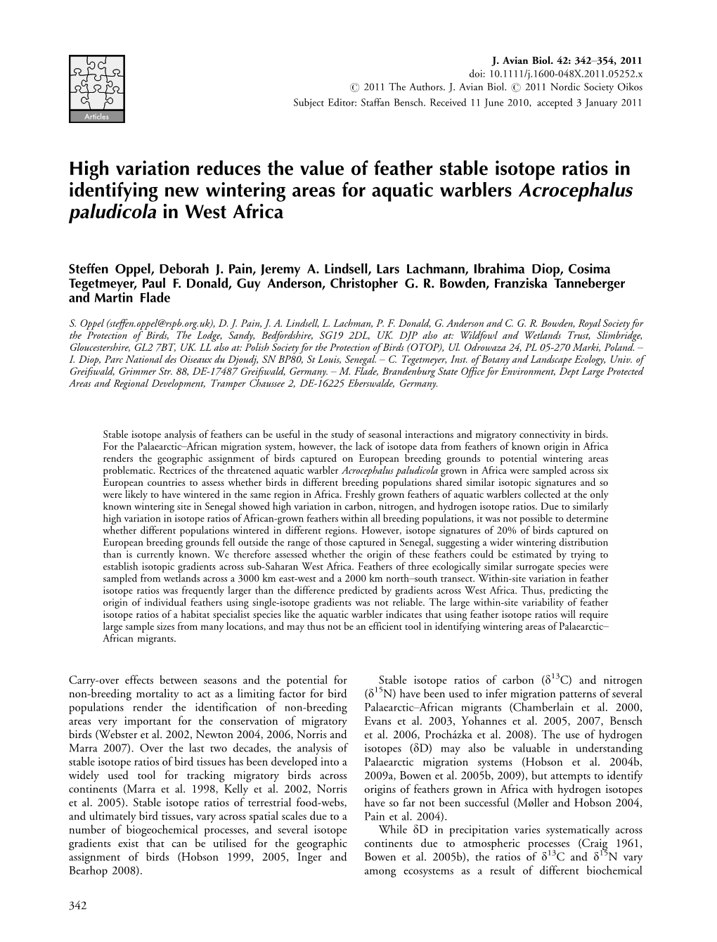 High Variation Reduces the Value of Feather Stable Isotope Ratios in Identifying New Wintering Areas for Aquatic Warblers Acrocephalus Paludicola in West Africa